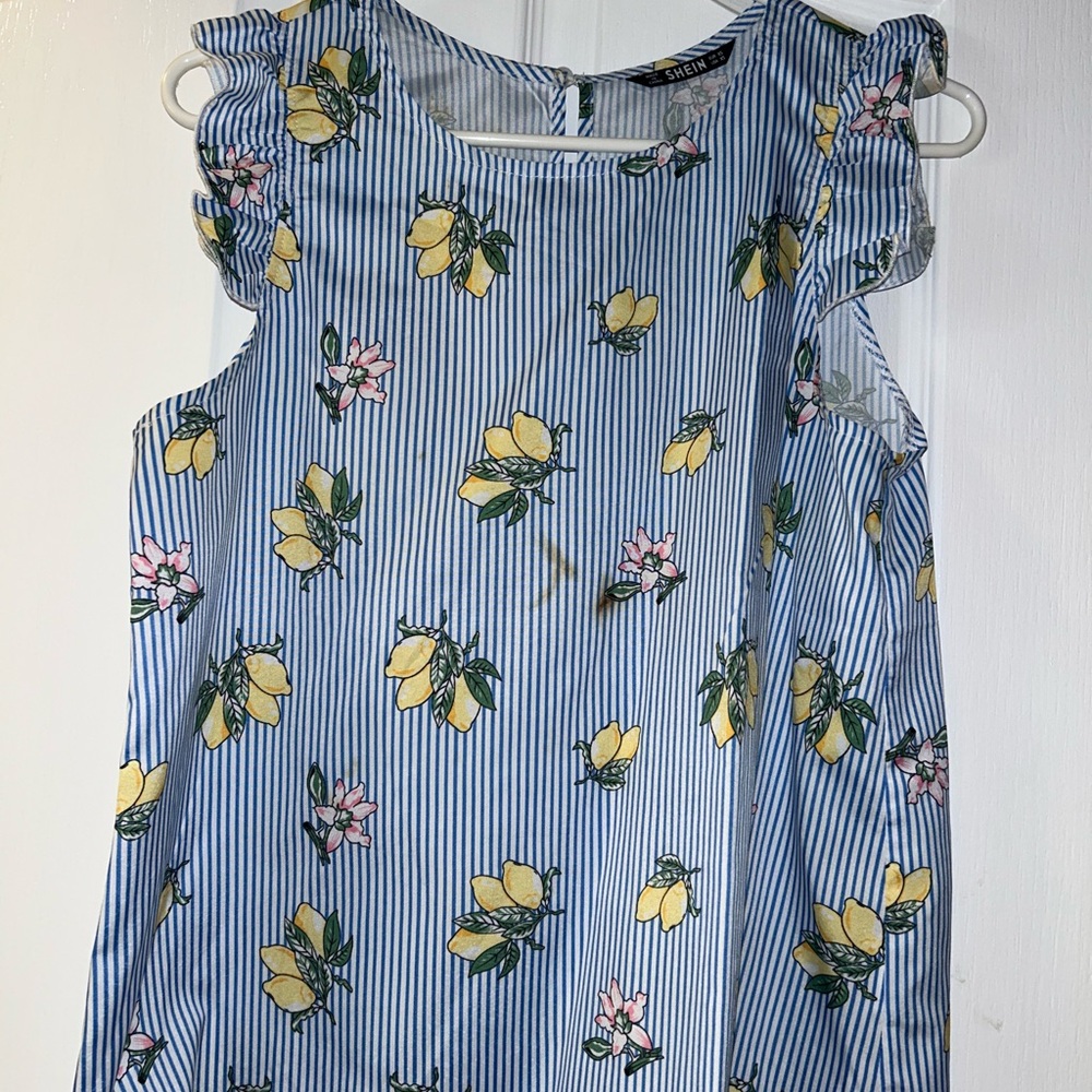 Blue Striped Blouse with Lemon Print